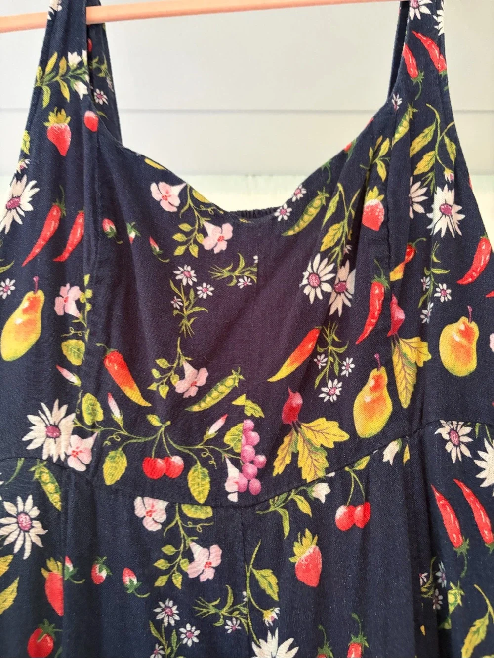 Navy Floral Fit and Flare Linen Midi Dress with Pockets - Picture 3 of 11